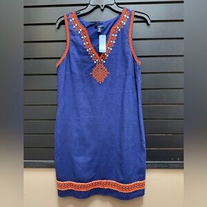 Blue Sleeveless Dress with Orange Embroidery